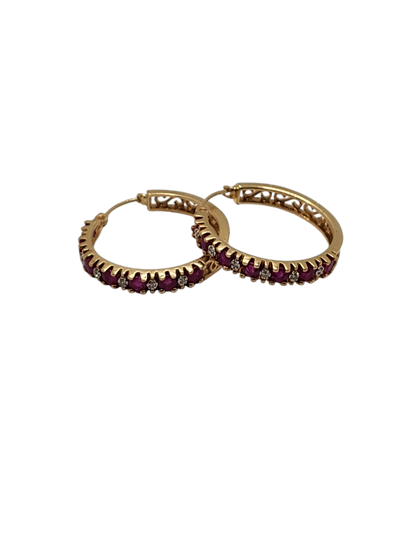 14k yellow gold ruby and diamond hoop earrings