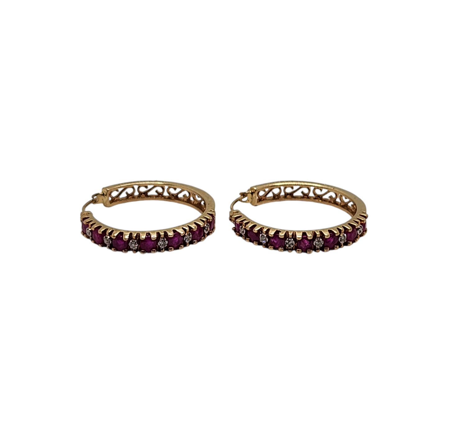 14k yellow gold ruby and diamond hoop earrings