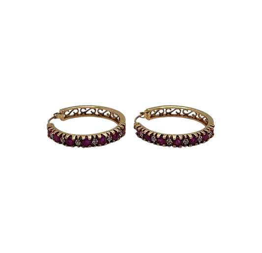 14k Yellow Gold Ruby and Diamond Hoop Earrings