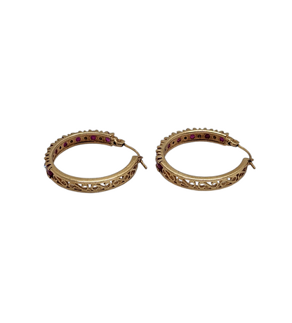 14k Yellow Gold Ruby and Diamond Hoop Earrings