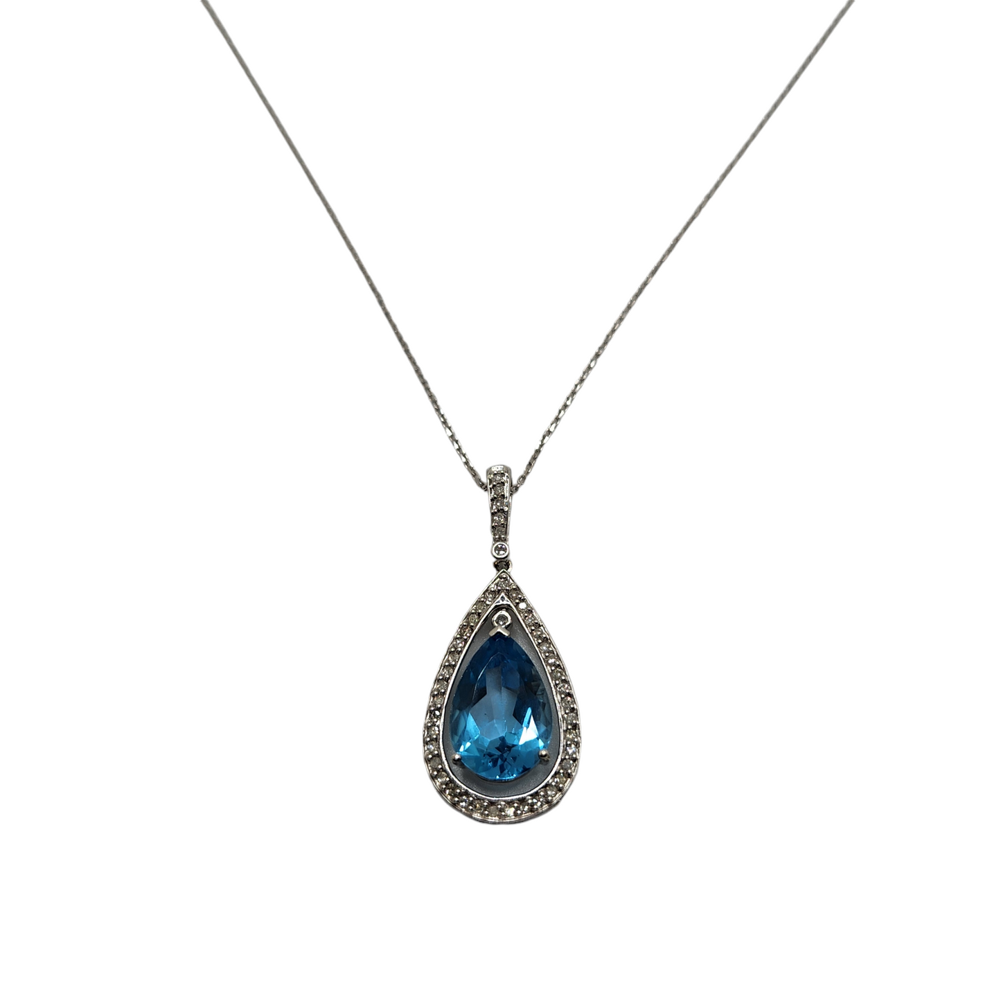 14k white gold pear halo blue topaz and diamond necklace