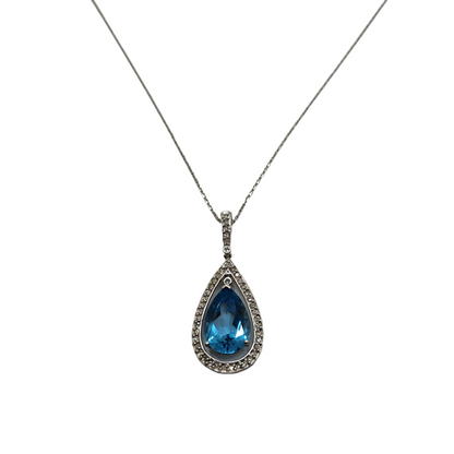 14K White Gold Pear Halo Blue Topaz and Diamond Necklace