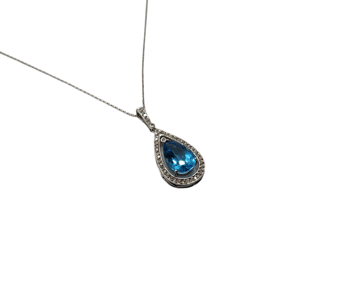 14k white gold pear halo blue topaz and diamond necklace