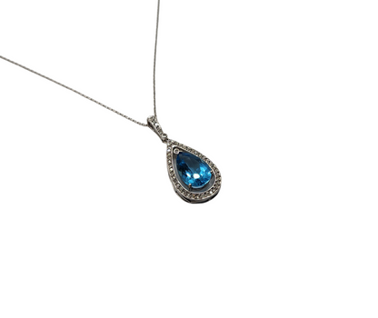 14K White Gold Pear Halo Blue Topaz and Diamond Necklace