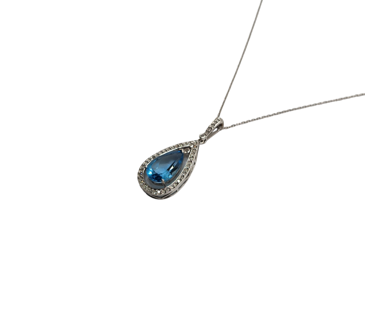 14k white gold pear halo blue topaz and diamond necklace