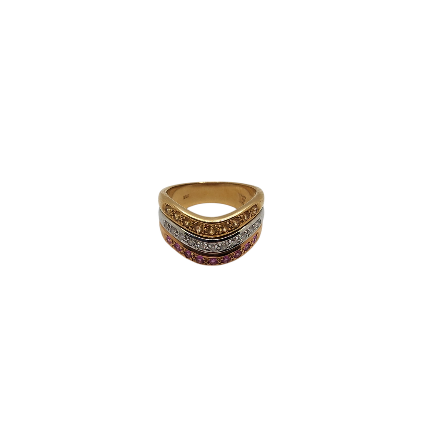 18k yellow gold ring with diamonds, citrine, and rubies