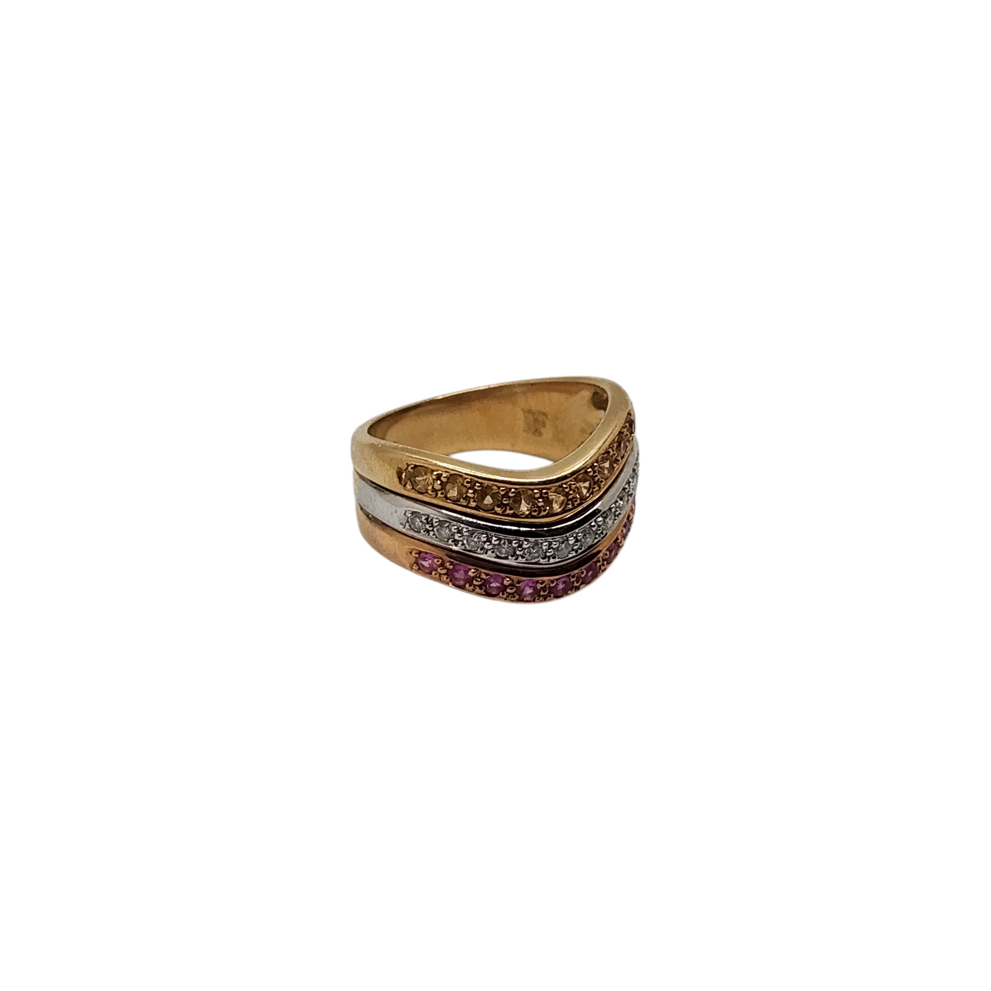 18k yellow gold ring with diamonds, citrine, and rubies