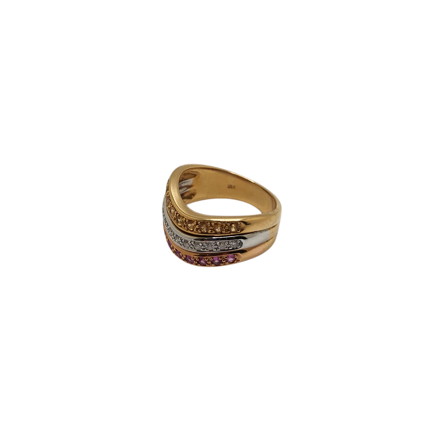 18k yellow gold ring with diamonds, citrine, and rubies