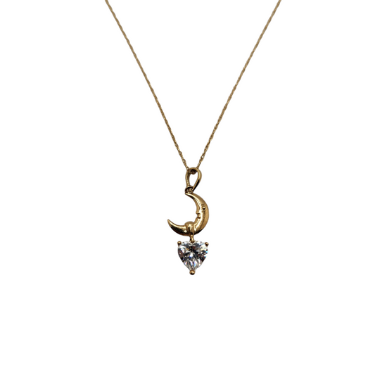 14K Gold Moon and CZ Heart Pendant Necklace