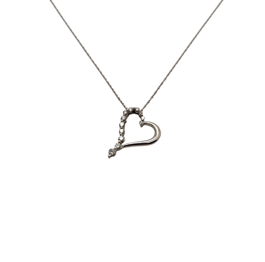 10K Vintage White Gold Diamond Heart Pendant Necklace