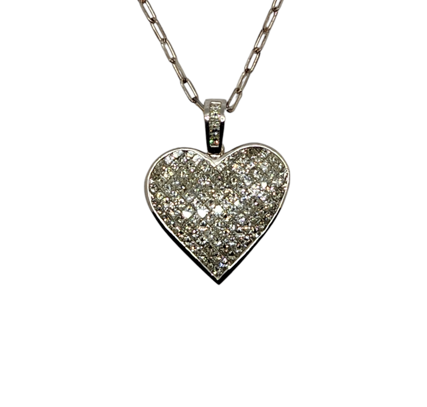 invisible set princess diamond heart pendant in 18k white gold